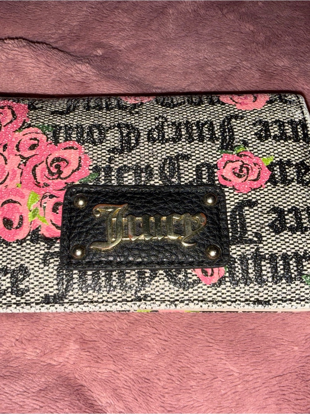 Juicy Couture Pink Rose Logo Canvas Wallet with Black Leather Plaque